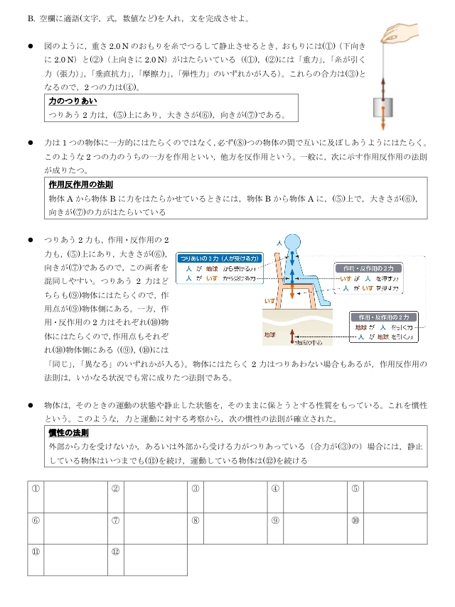 休んでしまい、解説を聞きそびれたので、穴埋めの答えを教えてください。 物理/物理基礎