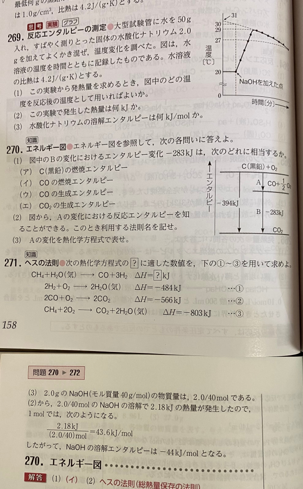 化学です。 なんで44kJ/molにマイナスがつくのですか？ 温度が下がってるので吸熱反応ですよね？