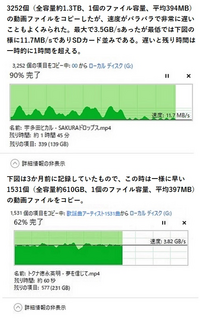 NVMe対応 M.2 SSDのストレージ間での転送速度が一定しない、もしくは極端に遅い。
2基の4TBのNVMe対応 M.2 SSDを
https://x.gd/AP2Sl NVMe PCIe拡張カード
https://x.gd/KAXpG

に乗せて動画ファイルを2基のM.2 SSD間でコピーしたのですが、最大では3.5BG/sくらいの速度が出るのですが、下図に示した様に速度が一...