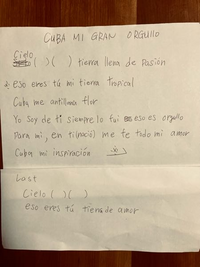 スペイン語が聴き取れる方にお願いです。
この曲が歌いたくて歌詞を探してみましたが見つかりませんでした。 https://youtu.be/GyhuBxmrXbk?si=VCy0Pj8CIAd33jNC
youtubeの自動字幕で大体は出ましたが、表示できない箇所があるので( )の部分を教えて頂きたいです。
スペイン語は文字があれば読めて歌えるという状態です。文字汚くて申し訳ありませんが、メモ...