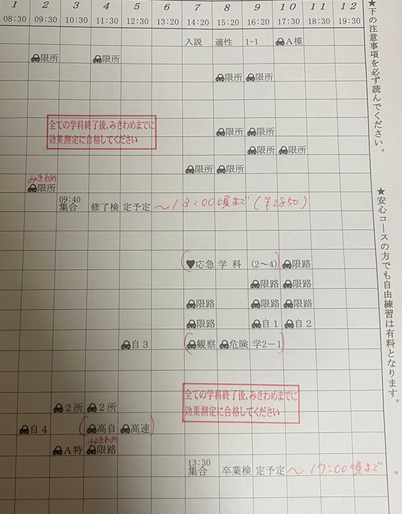 教習所のスケジュールの用語を教えて下さい。 限所や限路などはわかりますが、自1や自2、自3、自4、観察、危険、学2-1、2所、高自、A枠などはどういった意味ですか？