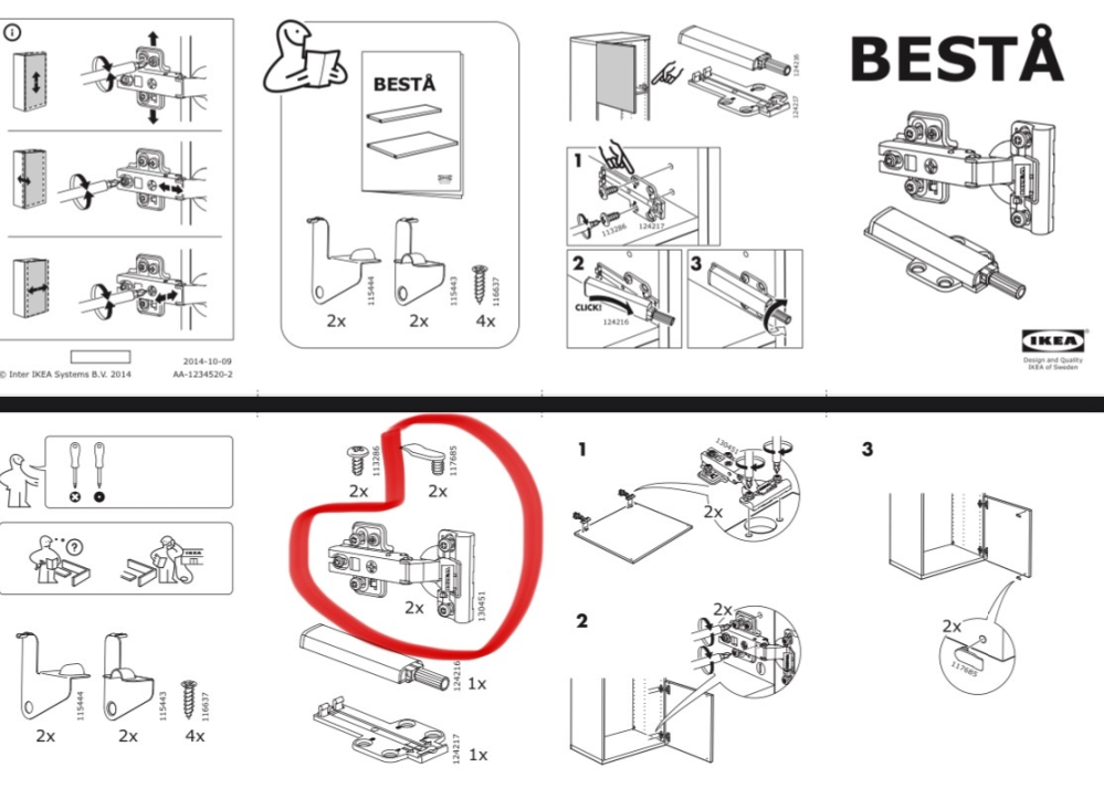 至急 IKEA 扉を取り付けようとしているのですが赤丸つけたもの以外どこにつけるのか説明書見ても分かりません 赤丸以外使わないのでしょうか？