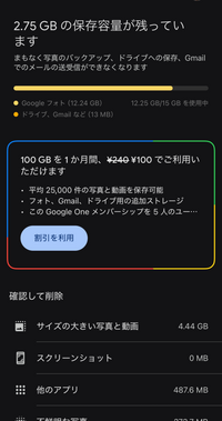 Googleストレージの減らし方について質問です。 「Googleストレージがもうすぐ無くなります」という通知が来てから、写真の通り、Googleフォトが占めている割合が高く、1度1万枚ほど消したのですが、全く容量が減らず、悩んでいます。サイズが大きい写真が占めている割合も5Gほどで、Googleフォトの全てのストレージを足しても、12Gにはならず、何がストレージをいっぱいにしているのか全く...