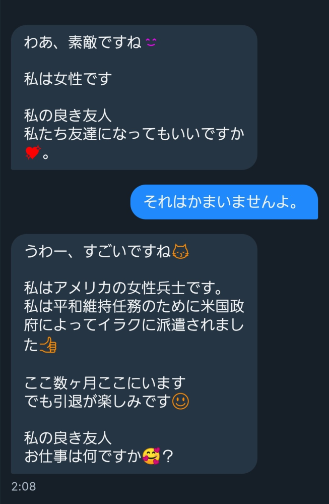 ブルースカイでアメリカの兵士でイラクで働いているって女性からフォローされていきなりdmきたんですけど、何者なんですか？あなたの性別は男と女？友達になりましょう、職業はなんですか？って質問きて 米軍兵士ってそういう人多いんですか？