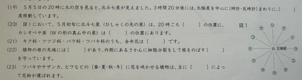 この算数の問題の(19)(20)の詳しい解説を、中学受験をする小学六年生にわかるようによろしくお願い致します。 解答は(19)反時計 50 (20)シ キ です。