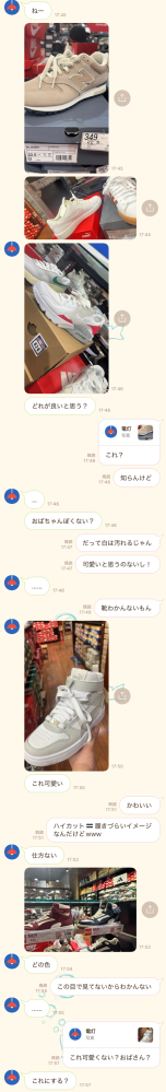 母とのLINE。

①靴のデザインについてしつこく聞かれたり、足のサイズを聞かれたら、買ってくれるのかな？と期待しちゃいませんか？ 私、2年くらい履いてる靴とハイカットの2種類しかなくて、最近靴についてよく相談をしてたんです。
それで今日LINEで①のようなことがあり、勝手に期待しちゃいました。

母が帰ってきて、私に靴を見せびらかしてきたんです。(母の)お母さんに買ってもらった、...