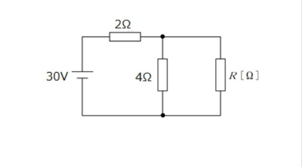 電気回路の計算について 下図の回路において、４Ωの抵抗の消費電力が 36Ｗであったとき、抵抗Ｒは2 Ωであるとの事ですが、どういう計算をしたら2Ωになるのか分かりません、紐解いて教えて欲しいです。 また、解き方のコツがあれば教えてください。