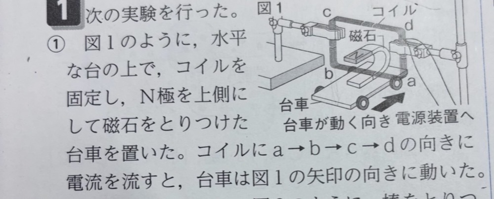 中学理科フレミングの法則の問題です。 力の向きは手前側になるはずなんですけど、なぜ台車は奥側に動くのでしょうか