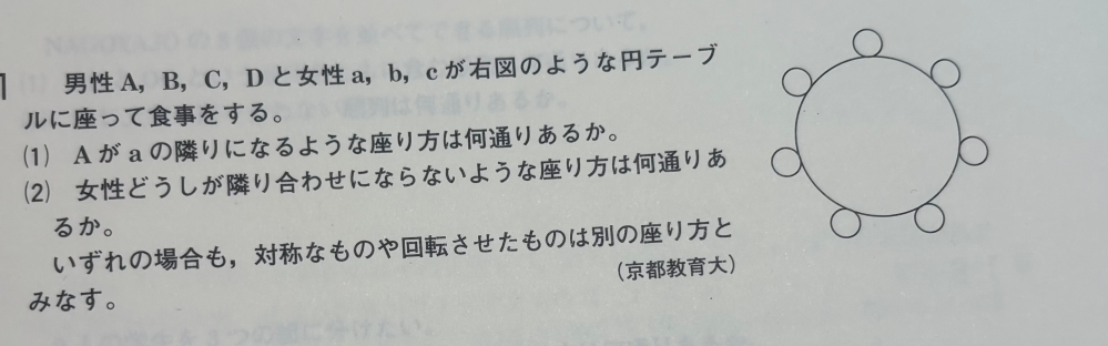 (1)の問題なのですが、次の方法で解く場合どこが間違っているのか教えて下さい。 Aとaを1つのかたまりとして、円順列の解き方で解きました。 その結果、5！×2で240トーリ。 Aとaは1つのかたまりと見てはいけなかったのでしょうか。