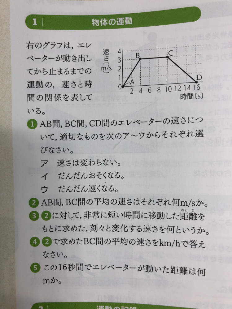 ②のAB間の平均の速さを求める式が (0＋3)×1/2 になるのはなぜですか？ 各数字は何を表しているのですか？