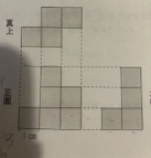 1辺1cmの立方体を、面と面がぴったりと重なるように積み重ねて立体を作りました。図は、この立体を正面、真上，右横から見た図です。これについて、次の問いに答えなさい。 （1）この立体の体積は何㎤ですか。 （2）この立体の表面積は何㎠ですか。 考え方と答えを教えてください。