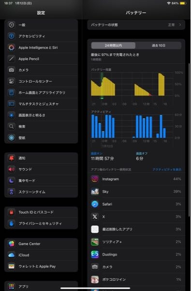 大至急 1週間前にipadmini7を購入して買った時から毎日6時間ぐらい触ってるのですがこの頃サファリを5分使うだけで充電が5分ほどで1%減り、 ゲームアプリ(sky星を紡ぐ子供たち)を使うと30分ほどで10%減りました…1日～2日ぐらい前からこんな感じです 充電が減りにくくするための設定は全てして、つねに低電力モードにして100%まで充電もしてません これは流石に普通じゃないですよね？それとも もうなおりませんかね…ちなみに買った時はゲームアプリを開いても1時間で7%ほど減るだけでした 自分のお小遣いで買ったものなのでなるべく長く使いたいのですが毎日使う時間を減らせば減りがゆるやかになったりしますかね…？ お風呂で使ったときもありましたがそれも問題ですかね？？ 沢山の回答お願いします 途中の0まで減っているのは充電表示がバグってるかもしれないと思い1度試してみたものです 変わってないですけどね… あと買ってきたころからなんですけど純正の充電器を使ってると4(それ以外使ってないですが)5分ぐらいで30%以上も充電が増えるんですけどこれも急速充電で本体に負荷をかけて〜とかで原因の1部だったりしますか？？？ スマホの充電器はV数？がipadの方よりも小さく本体に負荷をかけにくいのかなと思いそちらを使おうともしましたがタイプが合わずむりでした