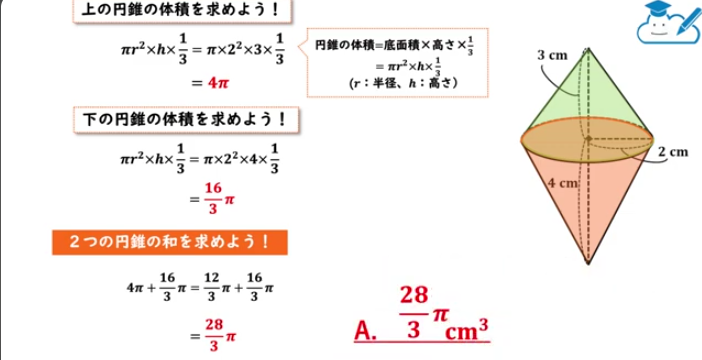 【中１数学】２つの円錐が合体している物体の体積ってわざわざ画像のように上下に分けなくても高さを合計することで一回で解けますよね？これってなんでですか？ 4π × (3+4) × 1/3 = 28/3π