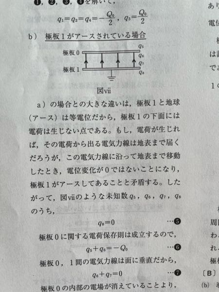 高校物理 大学受験 2025年度東京科学大オープン解説(p58)この解説において、というか一般的には「接地された面の電荷は0、その理由として、その面に電荷が発生するとその面から出た電気力線によって電場が生じ、地面との電位差が生じることより矛盾するから」とあるのですが、その面からではなく、他の電荷の影響を受けずに、そのことはいつでも成り立つのでしょうか。写真の例で言えば向かい合う面は正負等量の電荷ぎ帯電するために、 q6=-q7←① 極板1の接地面側の電場は0より (1/(2ε0S))(q5+q6+q7+q8)=0 よってq5+q6+q7+q8=0←② ①②よりq5+q8=0←③ となりやっぱりq5の電荷の影響も合わせて考えなければいけないと思うのです。一応極板0内の電場が0であることと①を用いて、 q5=q8←④となり③④からq8=0は得られるんですが、なぜそのような思考過程を経ずに断定的にq8=0と言えるのでしょうか？また、この問題にとどまらず、接地面の電荷が0と必ずなるのはなぜでしょうか？