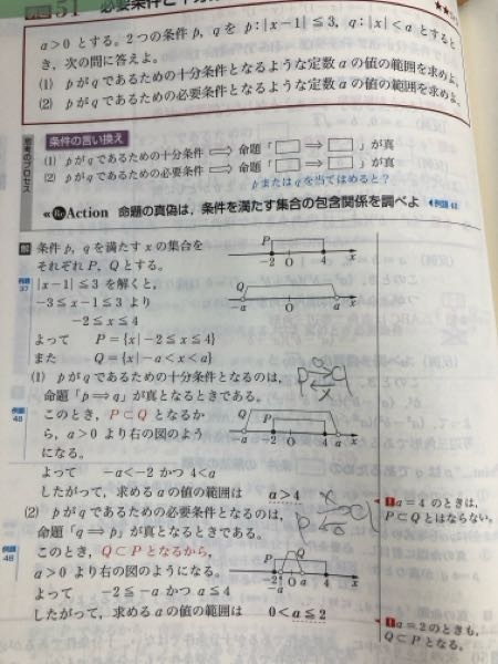 ニューアクションレジェンドla の51番について質問です。 (1)十分条件となるようなaで、p→qが真となれば十分条件ですが、p←qが偽と言うことは試さなくてもいいのですか？ もしp←qが真なら必要十分条件になってしまいます