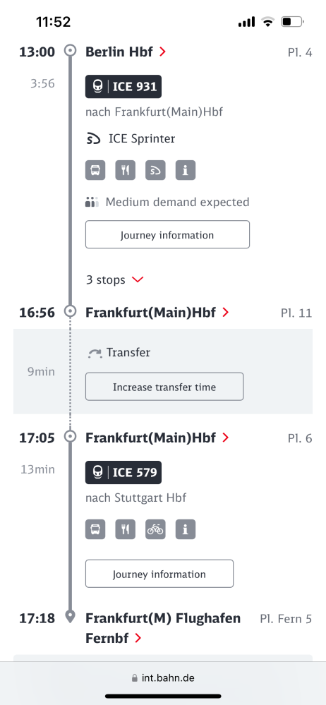 今月末ANA224便フランクフルト発20:45分で帰国します。 ベルリンからICE931でフランクフルトまで向かい、乗り換え含め空港到着が17:18分と余裕だと思ってましたが、SNSでドイツ国鉄はよく遅れるとの情報がたくさんありましたので、皆さんなら、もう少し早いICEに変更しますか？ アドバイス宜しくお願いします