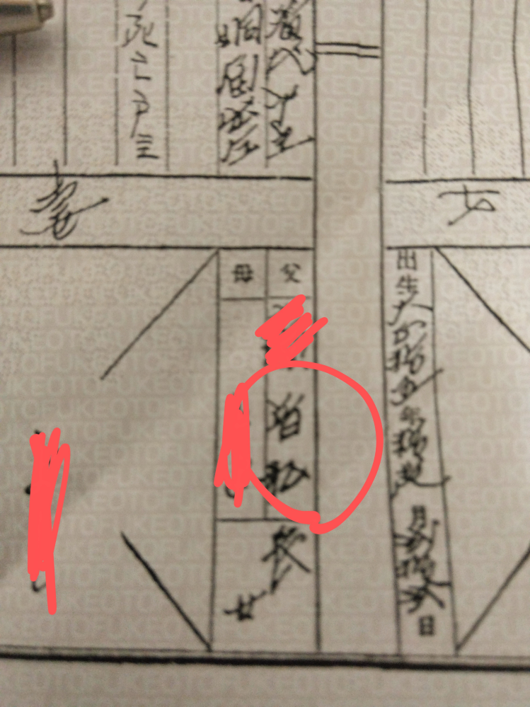 家系図を作っていて戸籍で祖父の祖父の名前を見つけましたが、書いた役所の人(？)が癖字なのかなんて書いてあるのかわかりません…。 音松？音弘？なんか最初の字が普にも見えたり見えなかったり…。 読めるよ！って方、教えてください。