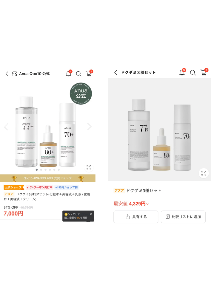 アヌアの化粧水をQoo10で購入しようと思っているのですが 写真を見てもらうとわかる通り値段が違います。 安い方は偽物ですか？ 商品の名前の左側にオレンジ色のアヌアマークもついていますし レビューを見る感じ偽物でも無さそうです... 何が違うのでしょうか？