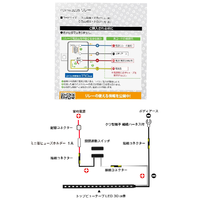 ドアの開閉連動をエーモンのマグネットスイッチを用いてテープLEDの取り付けを考えています。 テープLEDは1mほど使用したいのですが数字上では8Wとなり、マグネットスイッチの容量限度3Wをオーバーしてしまいます。 そこでエーモンの4極リレーを併用したいのですが、リレーの配線方法の確認をさせていただきたく、質問しました。 ・エーモン マグネットスイッチ3242 ・エーモン 4極リレー3235 ・LEDテープ(カット可能) 2m 16W リレー 青線/マグネットスイッチより 赤線/常時電源 黄線/テープLEDの+ 黒線/アース エンジン停止時でも開けたら点灯したい場合は、これで合っていますでしょうか？ 宜しくお願いいたします。