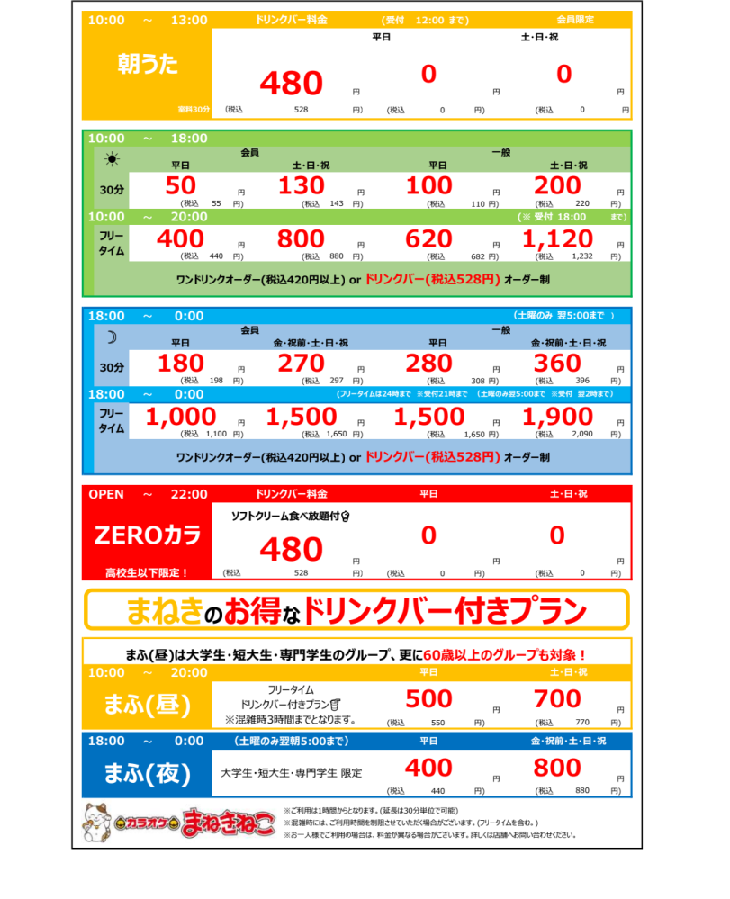 カラオケまねきねこ について。 土曜日に二名 ミラPON！3時間利用 ドリンクバー550円 総計いくらになりますか？