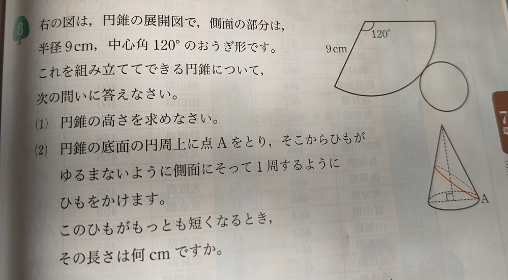 数学の質問です。 右の図は、円錐の展開図で、側面の部分は、半径9cm、中心角120度の扇形です。これを組み立ててできる円錐について、次の問いに答えなさい。 ①円錐の高さ ②円錐の底面の円周上に点Aをとり、そこからひもがゆるまないように側面にとって一周するようにひもをかける。このひもがもっとも短くなるとき、その長さは何cmか。 特に②を詳しく教えて欲しいです