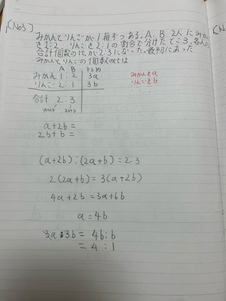 この問題で、a=4bなのはわかるんですが、 その下からなぜ3a:3b=4b:bになるんですか？