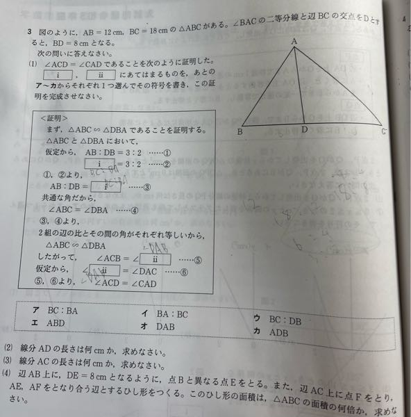 至急お願いいたします。 中学 数学 この(4)の問題の解説で、問題文の指示にしたがって点，線をかき、点D、Fを結ぶ。ここで仮定より、四角形AEDFは AD⊥EFより、直線ADを軸とする対称な四角形である。 AD⊥EFは、仮定のどこから分かるのでしょうか……