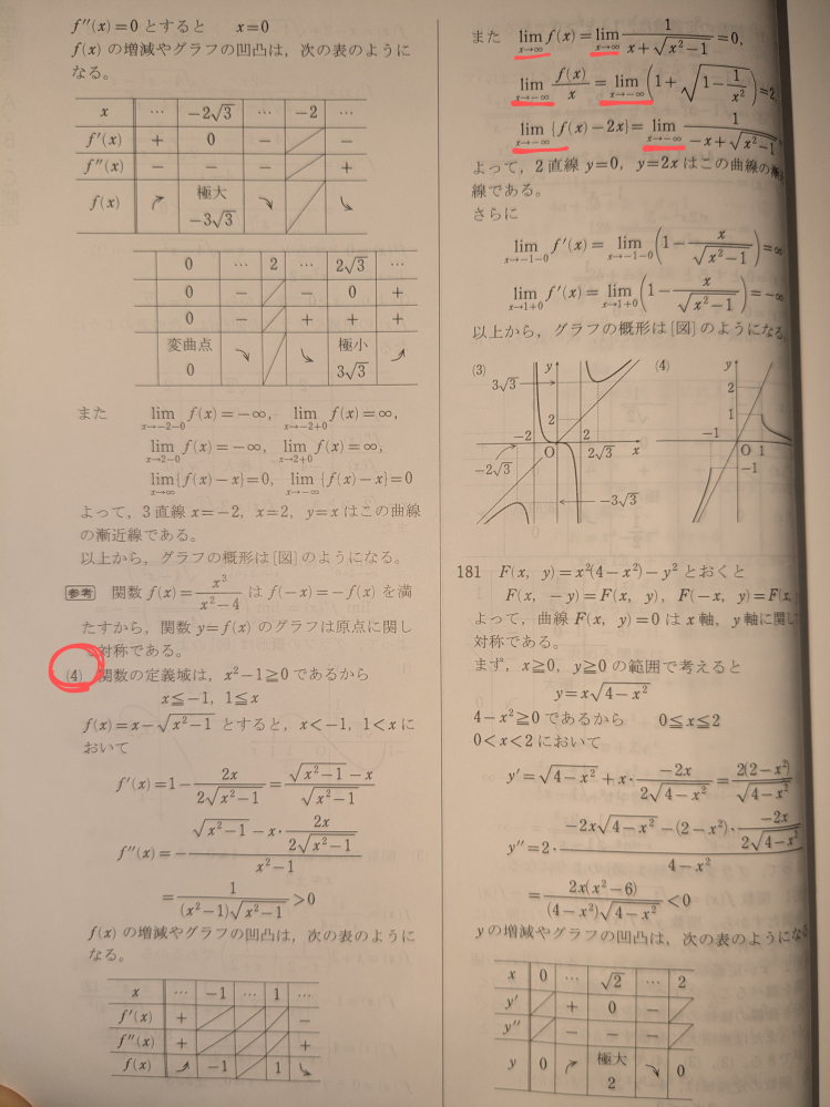 数学Ⅲです。 y=x-√x²-1（根号の中身はx²-1まで）という関数のグラフの概形を書けという問題で写真のように、漸近線のためのf(x)の極限を調べる際にx→∞のところをx→ー∞としたり、f(x)/xの極限の部分のx→ー∞のところをx→∞としてもよいのでしょうか？ お手数おかけしますがよろしくお願いします。