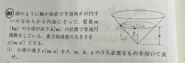 高校物理 この問題を解く時、向心力をFとして垂直抗力をNとしたとき、Fcosθ＝N、N＝mgsinθというふたつの等式を立ててvを求めたのですが、どちらの式も分解する方が逆でバツでした。 分解する力の見分け方が分かりません。どなたか教えていただけませんか？