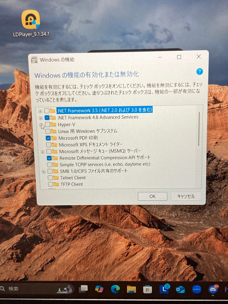 LD playerをやりたいのですが hyper vがonで仮想化支援機能が50%低下してると出てきます。 一応画像の通りにWindowsの機能の有効化または無効化でOFFにしているんですが直りません。 分かる方具体的な対策法を教えてくださいお願いします。