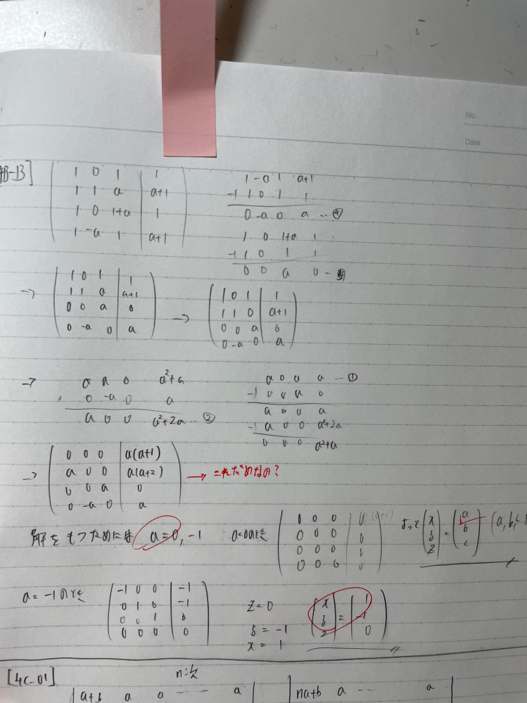 数学の行列に関する質問です。行基本変形を用いて文字を含んだ行列を階段行列にする際、元々数値しかなかった行に文字をかけて処理するのはやってはいけないのでしょうか？ その操作をすると問題の答えと合わなくなってしまいました。