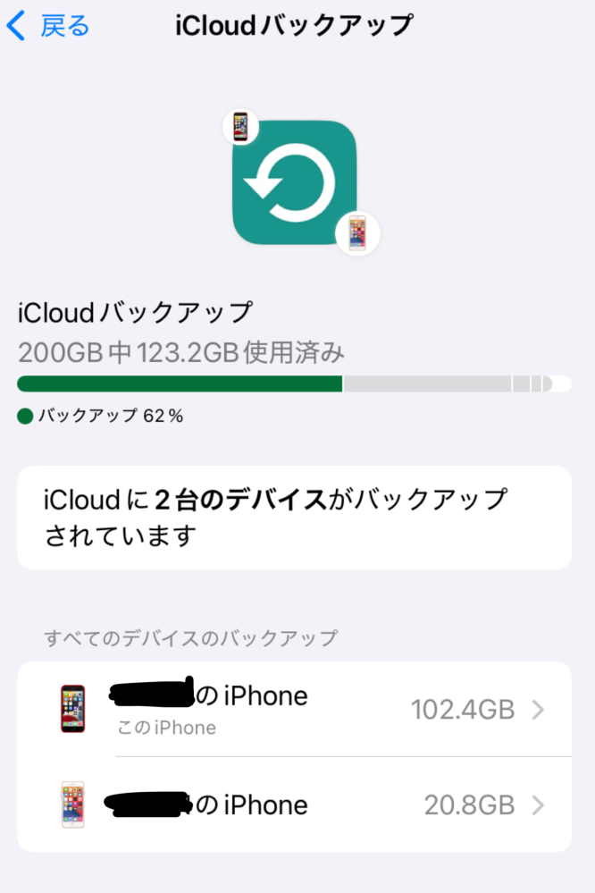 iCloudについてです。 数ヶ月前にiPhoneを変えたのですが、その際iCloudが同期されたままになっていまして。 この旧iPhone(画像にある二つのアイフォンの下)のバックアップは削除した場合、今使っているiPhoneに支障は出たりしますか？(写真が削除されたり、ゲームの情報が無くなっていたり、など) iCloudにバックアップできる容量が無いという通知が来て、かなり緊急を要しています。お願いします。