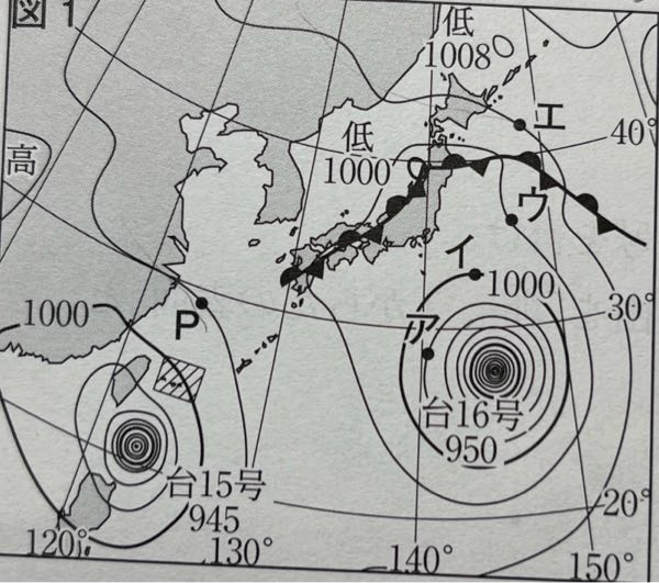 同じ等圧線場であれば、気圧は全て等しいはずです。また等圧線は切れるとかがないのでこの図1を見た感じだと、Pと同じ気圧の地点はエだと思うのですが、なぜウなのでしょうか？