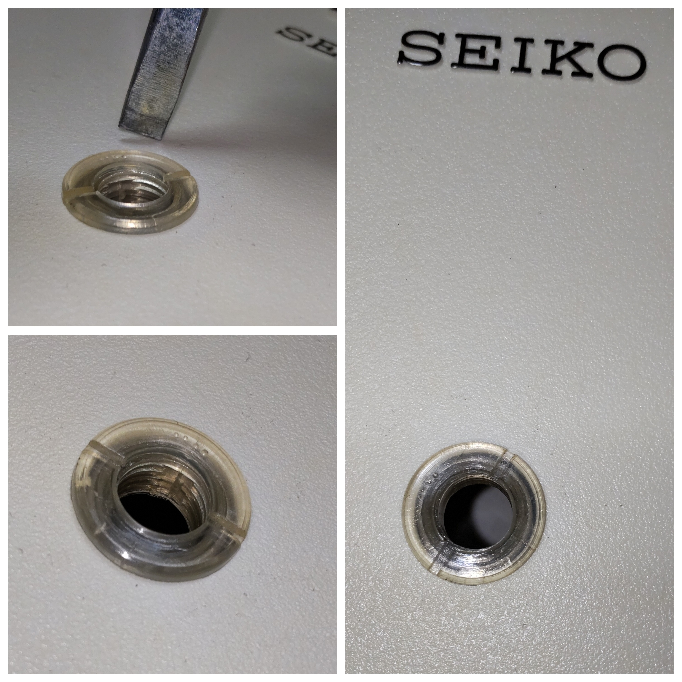 SEIKOの掛け時計のムーブメントを交換しようとしています。しかし針を外した後の根元にあるビス？ ネジ式の留め具があります。一部縦に溝のある形状なのですが、マイナスドライバーの幅では全然噛み合わないほど長さがあります。 このような場合に使える工具があるのでしょうか？