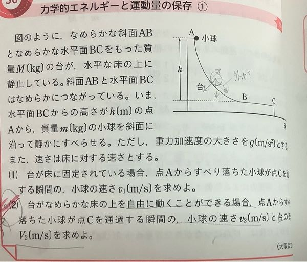 高三です。物理の力学についてです。 2物体の運動で運動量保存が成り立つ問題なのですが、球はには重力、垂直抗力がかかっていますが、力を分けると斜面鉛直方向はつりあっていますが斜面水平方向はつりあっていません。 前に下から斜方投射した球と上から落ちてきた球が衝突をする問題で、運動量保存則が成り立たない理由として、重力の外力があるからと教わりました。また地面の上で水平方向でぶつかる物体は重力、垂直抗力がかかっているがつりあっているので無視するとも教わりました。そうなるとこの問題はつりあわない力があるのにどうして運動量保存則が成り立つのでしょうか？ よろしくお願いします