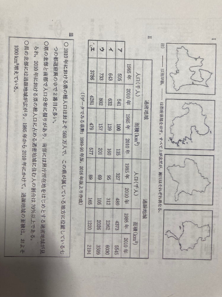 社会の地理の問題です Ⅲの文章はⅠのいずれかの県を説明していて、当てはまるものはどれか、という問題です 答えはエになるのですが、なぜか計算があいません 解説お願いします