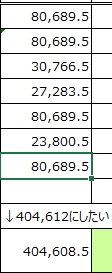 Excel 小数点も計算して合計SUMの端数が合わない 画像のように下段合計数を404,612にしたいのですが、 内訳で小数点以下が発生しているため そのままSUMで計算すると四捨五入されて404,609と表示されます。 内訳は全て四捨五入で表記されるようにしているのですが、 下段SUMで9.5+9.5+6.5+3.5+9.5+0.5+9.5＝48.5ではなく、 10+10+7+4+10+1+10＝52と計算されたいのです。 保険料額表から内訳数字は引っ張ってきてるので、小数点無しで打てばいい、という方法は無しでお願いします。 説明下手で申し訳ないですがご教授ください。