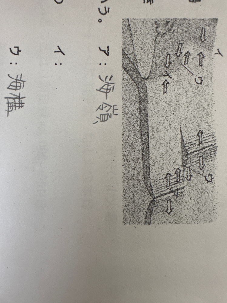 プレートテクニクスの問題です。 写真のアは海嶺と分かったのですが、イとウが分かりません。 このプリントの本文のような所にある語彙は、重要語句だと海溝、トラフ、プレートがあります。