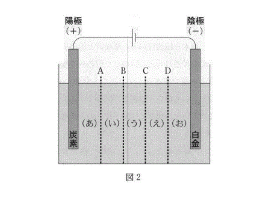 電気透析法では図2に示すA~Dの4ヶ所全てに、陽イオンのみ を通す膜、または陰イオンのみを通す膜を設置して電流を通じること で、海水を塩濃度の高い濃縮液と塩濃度の低い希釈液に分離する。 図 2における(い)と(え)の2ヶ所のみで塩濃度を高めるには、陽イオン のみを通す膜をA~Dのどこへ設置すべきか。以下の組み合わせか ら正しいものを一つ選び、記号で答えよ。ただし、組み合わせに記載 されていない場所には陰イオンのみを通す膜を設置するものとする。 アA,B イA,C ウA,D エB,C オB,D カC,D 陽極の反応によって(あ)の塩化物イオンがへっていくのでAに陽イオン交換膜、陰極の反応によって(お)の水酸化物イオンが増えるのでDに陰イオン交換膜を設置するのは分かったんですが、そうすると真ん中の水溶液ではなんのイオンも増えたり減ったりしないと思うんですがどうやって決めるんでしょうか。