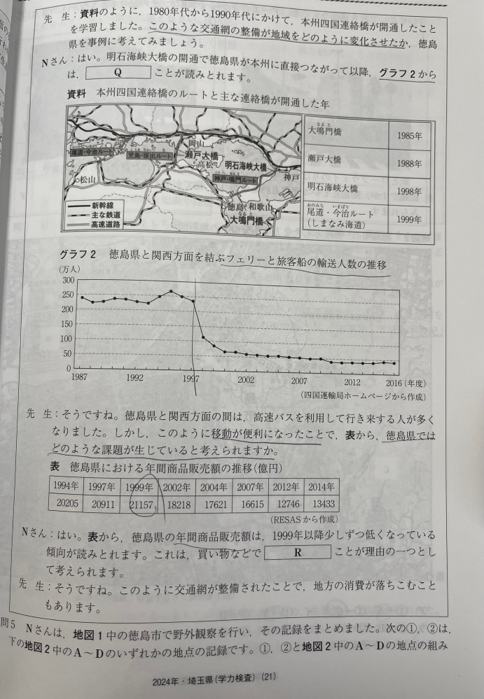 【至急】中学社会 記述について この問題の「R」に当てはまることばを、 「徳島県外へ出かける人が増え、県内で買い物をする人が減った」と答えたのですが、答えは 「多くの人が大都市へ行くようになった」でした。 このような資料を読み取る問題で、資料からわかることを書く場合と、言い換えや考えが必要なものの場合の違いがわかりません。 考えて書いたときに資料から読み取ることが答えで不正解になることもよくあります。 答え方をどのように決めればいいですか？