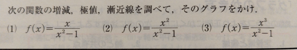 下の問題の(1),(2),(3)のy軸に平行な漸近線はx=±1ですが、これはどのような計算をして求めればよいのですか？