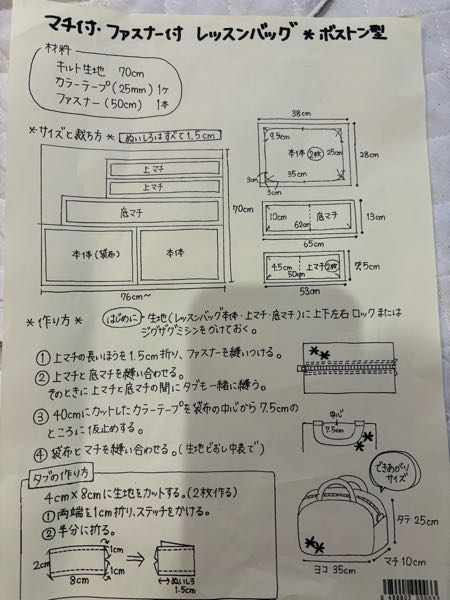 ボストンバッグを作っているのですが、 最後の段階のマチと袋布を縫い合わせるところで袋布が5.6cmほど余ってしまいます。裁断サイズを間違えたのかと思いましたがあってました。この作り図を貰ったお店はもう潰れており聞けず… 解決策がわかるかた教えていただきたいです。 それと9.5cmと書いてある箇所の意味もわからず…角の丸くする場所は3cm×3cmで合ってますかね？