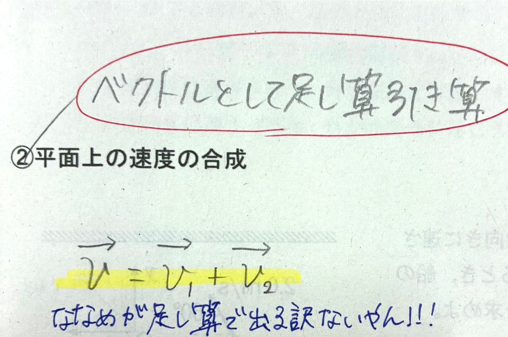 高校物理について 平面上の合成で、公式はベクトルの足し算となっていますが、向きの違う速度1と速度2で作った平行四辺形の対角線が合成速度ですよね？だったらそんな単純な和で表せるわけないと思うのですが、なぜ公式はベクトルの和となるのでしょうか？ 板書でベクトルとして足し算引き算と書いているのですが、この言葉の意味もよく分かりません