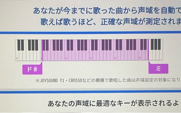 JOYSOUNDのマイ声域の音域について。 これはmid1C#からhihihiEの4オクターブちょいになりますか？ 最低音と最高音は日常音でいうとどういう音になりますか？ また良ければ、最低音•最高音が入っているカラオケ楽曲を教えてください。