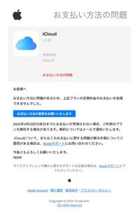 今日の朝にこのようなメールが来ました。アップルを装った