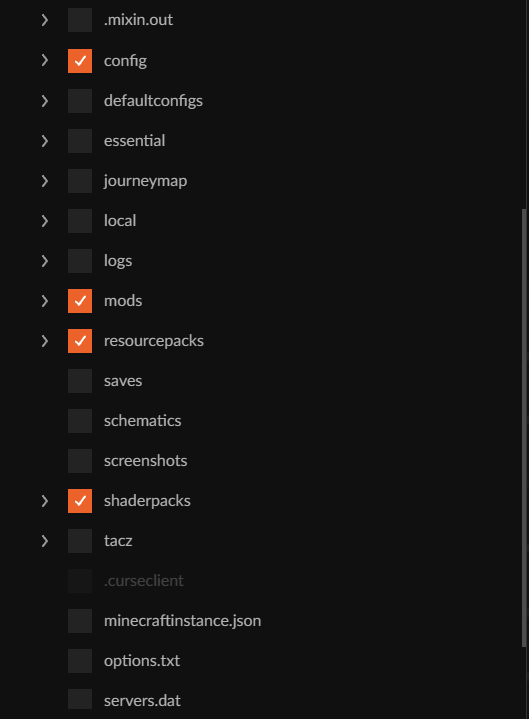 CurseForgeのマイクラについての質問です。 CurseForgeでは作ったプロファイルを共有する機能がありますが、そのプロファイルのmodやconfigの設定ごと共有する方法はありますか？教えていただけると幸いです。