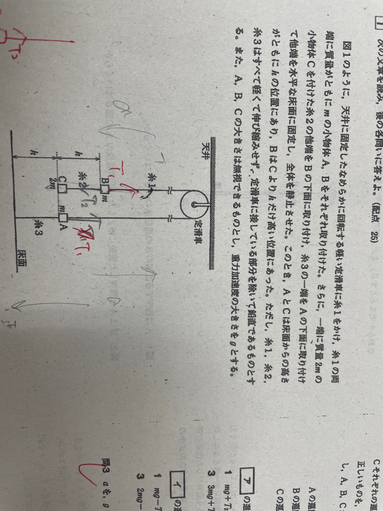 物理の問題です 糸1がAを引く力の大きさをT1としたとき、T1が鉛直上向きの矢印になる理由がわかりません。 Aを引っ張るなら鉛直下向きかなと思ったのですが違うのですか？回答よろしくお願いします 物理 運動とエネルギー 力学