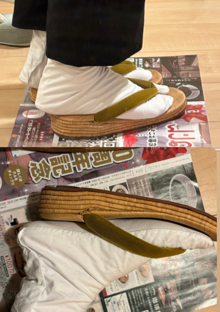 草履のサイズ感について教えてください。 畳表の草履を中古で譲っていただいたのですが、この位踵が出るとサイズは小さいでしょうか。 草履の全長が22cm、自身の靴のサイズは22.5cmです。 写真の通り、横から見る踵が出ています。鼻緒をすげ替えて小紋などの普段ばきに使用したいと思うのですが、おかしいでしょうか。 許容範囲には入りますか？