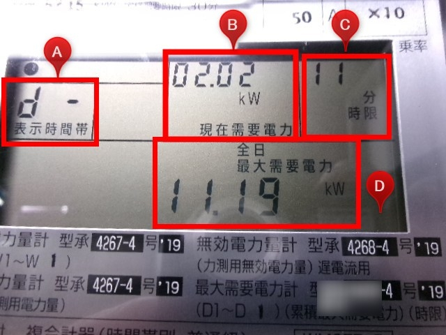 高圧受電設備にある 電力メーターについて質問です。 A～Dのそれぞれの意味・読み方等詳しくおしえてください。 よろしくお願いします。