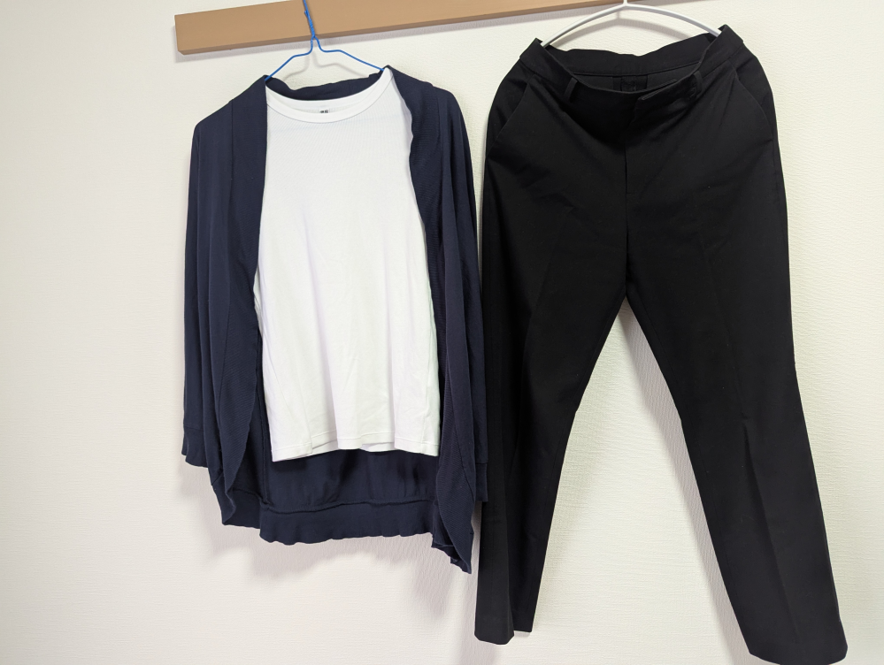 明日オフィスビル清掃のフルタイムパートの面接の服装、靴の事で、これで大丈夫でしょうか？面接の後か前か分かりませんが、清掃する現場見学をします。 服装、靴ですが、 ホワイトのソフトリブクルーネックt ネイビーのトッパーカーディガン ブラックのスマートアンクルパンツ ブラックのプーマのスニーカー